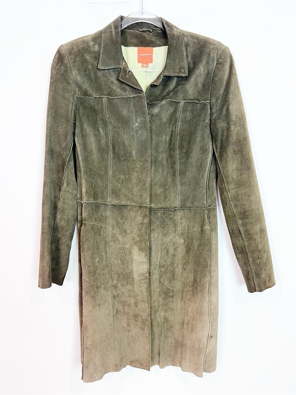 ANONYMOUS JOHN CARLISLE BROWN OLIVE GREEN SUEDE BUTTON FRONT COAT SZ SMALL